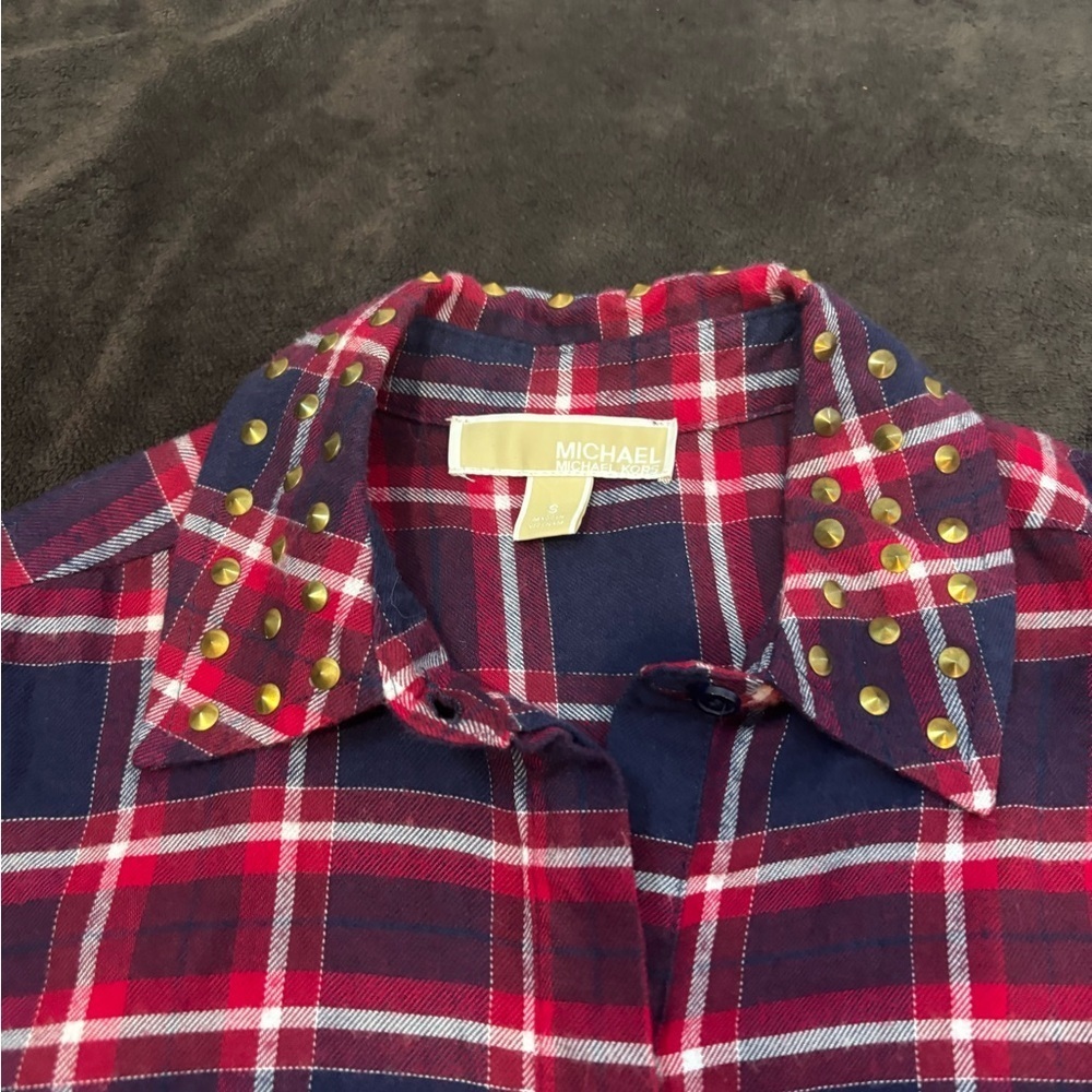 Michael Kors Red and Navy Plaid Button-Down Shirt - Picture 2 of 6